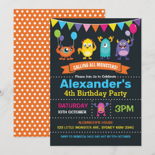 Cute Monster Birthday Party Chalkboard Kaart
