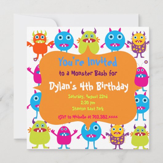 Cute Monster Birthday Party Invitation Sjablonen Kaart (Voorkant)