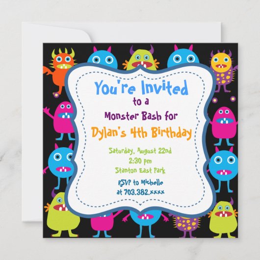 Cute Monster Birthday Party Invitation Sjablonen Kaart (Voorkant)