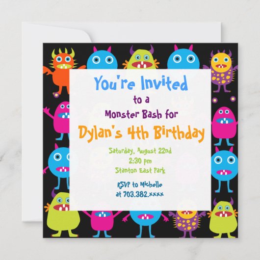 Cute Monster Birthday Party Invitation Sjablonen Kaart (Voorkant)