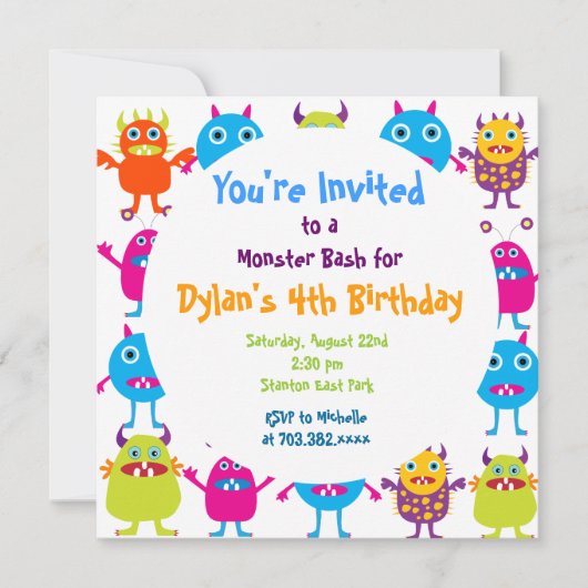 Cute Monster Birthday Party Invitation Sjablonen Kaart (Voorkant)