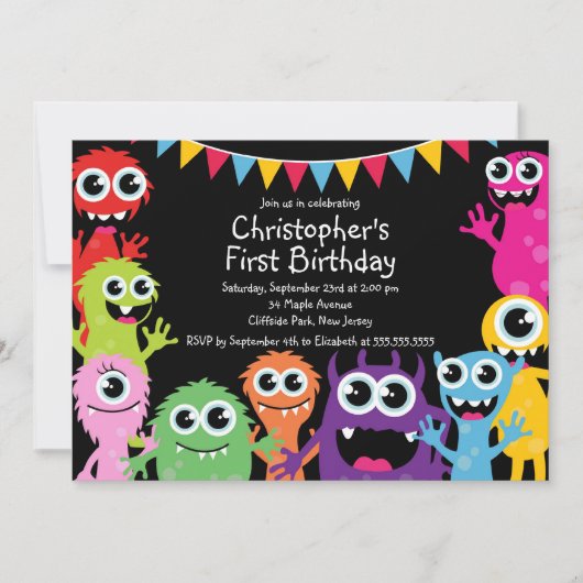Cute Monster Birthday Party Invitations Kaart (Voorkant)