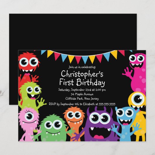 Cute Monster Birthday Party Invitations Kaart (Voorkant / Achterkant)