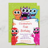 Cute Monster Birthday Party Invitations Kaart (Voorkant / Achterkant)