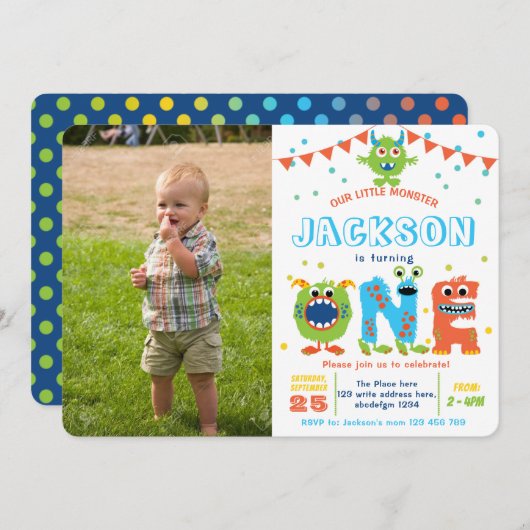 Cute Monster Boy 1e verjaardag foto Kaart (Voorkant / Achterkant)