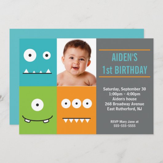 Cute Monster Faces Invitation Kaart (Voorkant / Achterkant)