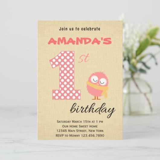 Cute Monster First Birthday Invitation Kaart (Staand voorkant)