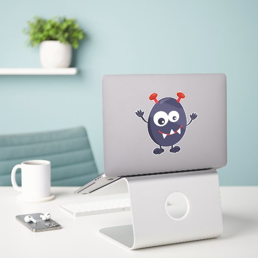 Cute Monster, Funny Monster, Blue Monster, Horns Sticker (Laptop op bureau)