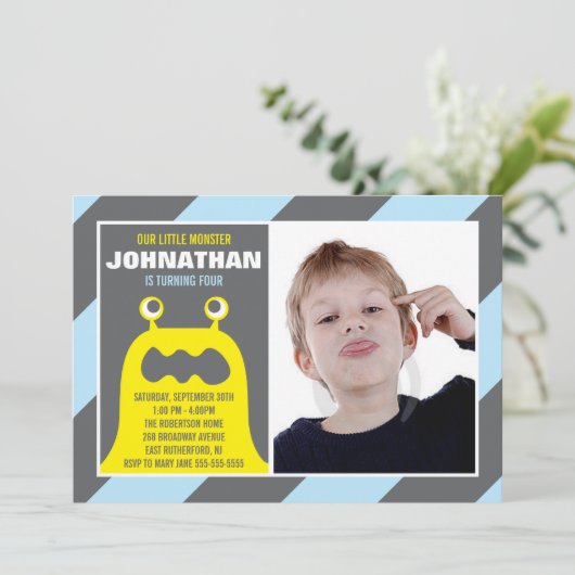 Cute Monster Invitation Boy Kaart (Staand voorkant)