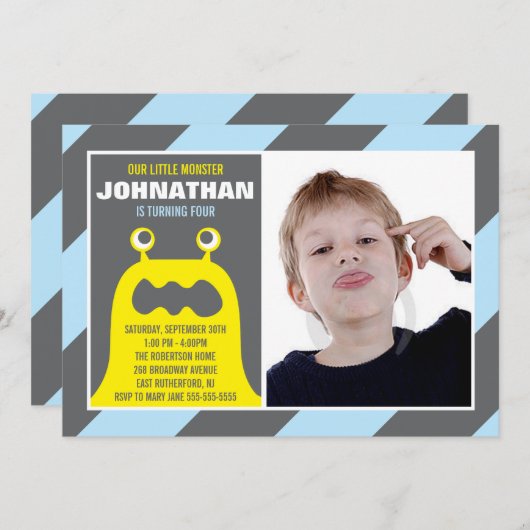 Cute Monster Invitation Boy Kaart (Voorkant / Achterkant)
