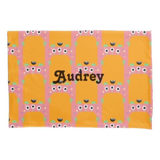 Cute Monster Oranje Name Pillow Hoesje Kussensloop (Voorkant)