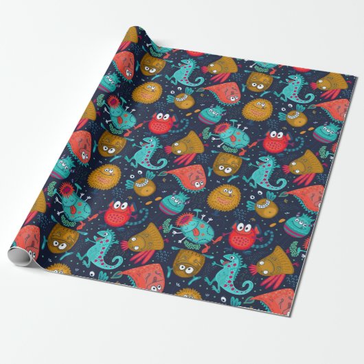 Cute Monster Pattern Wrapping Paper Cadeaupapier (Uitgerold)