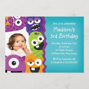 Cute Monster Photo Birthday Party Invitations Kaart