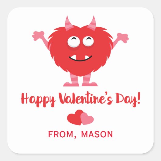 Cute Monster Red en Roze Hearts Valentijnsdag Vierkante Sticker (Voorkant)