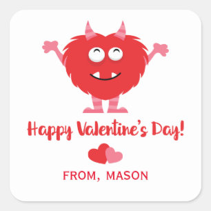 Cute Monster Red en Roze Hearts Valentijnsdag Vierkante Sticker