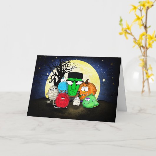 Cute Monsters Happy Halloween Kaart (Gele Bloem)