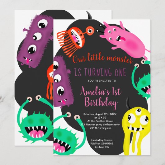 Cute monsters illustratie 1e verjaardag kaart (Voorkant / Achterkant)