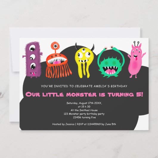 Cute monsters illustratie 5e verjaardag kaart (Voorkant)