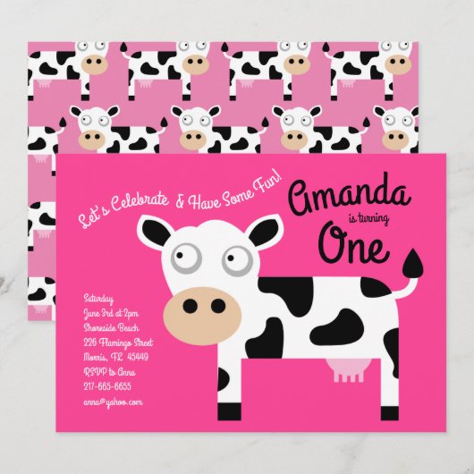 Cute Moo Cow Kinder 1e verjaardag Uitnodiging (Voorkant / Achterkant)