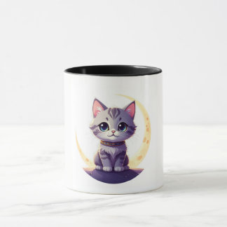 Cute Moon Cat Mug – Magical Kitten on CrescentMoon Mok