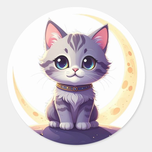 Cute Moon Cat Sticker – Magical Kitten on Crescent (Voorkant)