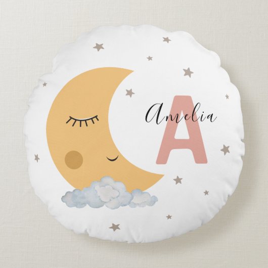 Cute Moon & Clouds Round Nursery Pillow Pink Initi Rond Kussen (Voorkant)