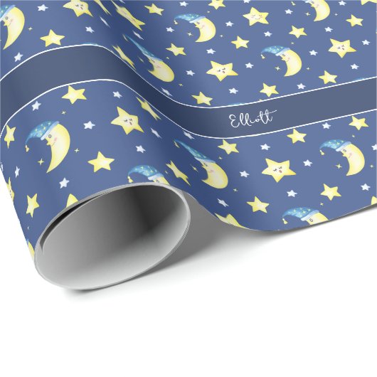 Cute Moon en Stars Pattern Blue Baby shower Cadeaupapier (Rol Hoek)