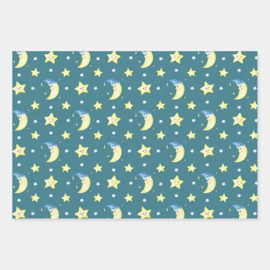 Cute Moon en Stars Pattern Blue Baby shower Inpakpapier Vel (Voorkant 2)