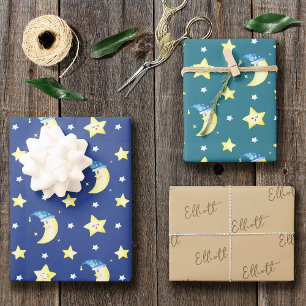Cute Moon en Stars Pattern Blue Baby shower Inpakpapier Vel