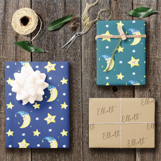 Cute Moon en Stars Pattern Blue Baby shower Inpakpapier Vel
