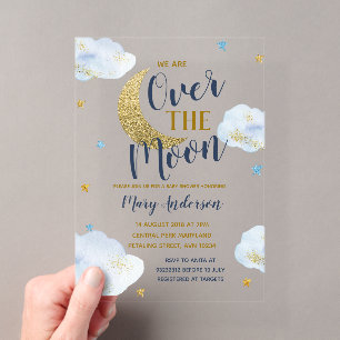Cute Moon Navy Blauwe en Gouden Glitter Baby Showe Acryl Uitnodigingen