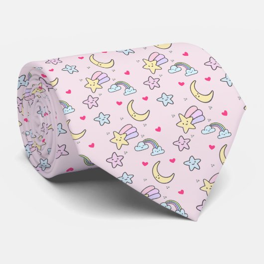 Cute Moon, Stars and Clouds Pattern op Pastel Pink Stropdas (Opgerold)