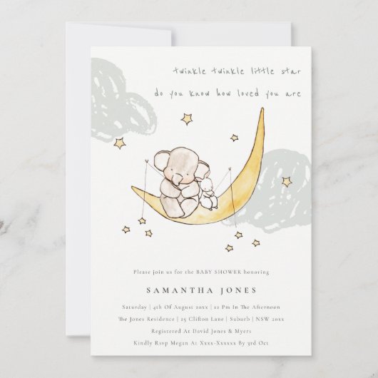 Cute Moon Stars Elephant Bunny Baby shower Invite Bedankkaart (Voorkant)