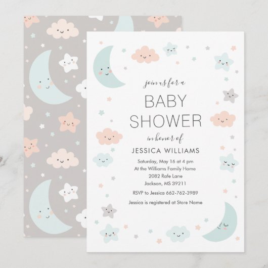 Cute Moon & Stars Lijst Baby shower Uitnodiging (Voorkant / Achterkant)