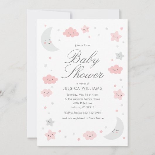Cute Moon & Stars Pink Girl Baby shower Invitation Kaart (Voorkant)