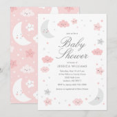 Cute Moon & Stars Pink Girl Baby shower Invitation Kaart (Voorkant / Achterkant)