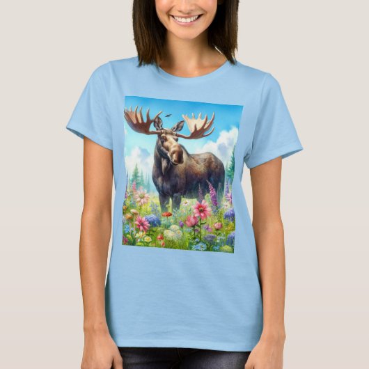 Cute Moose en Wilde Bloemen T-Shirt (Voorkant)