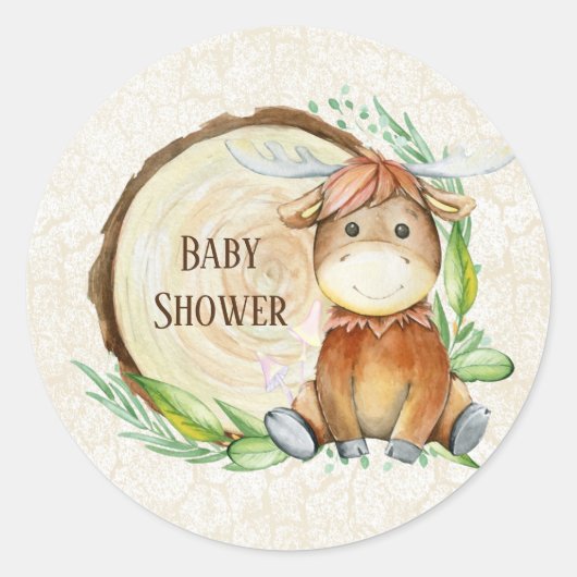 Cute Moose Greenery Wood Slice Baby shower Ronde Sticker (Voorkant)