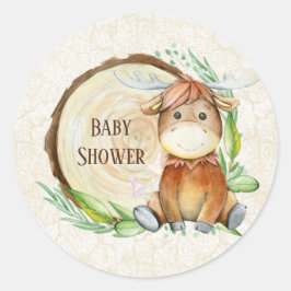 Cute Moose Greenery Wood Slice Baby shower Ronde Sticker