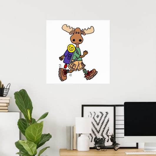 Cute Moose Hiker Cartoon Poster (Thuiskantoor)