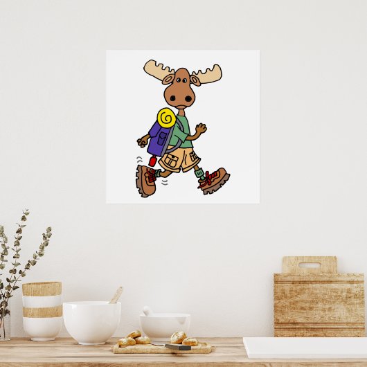 Cute Moose Hiker Cartoon Poster (Keuken)