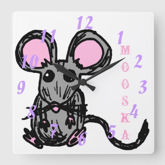 Cute Mooska Mouse Square Clock Vierkante Klok (Voorkant)