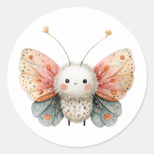 Cute Moth Cartoon Illustration Watercolor Insect  Ronde Sticker (Voorkant)