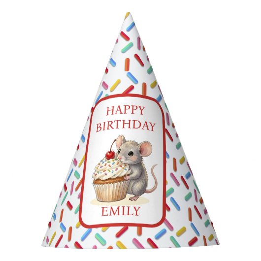 Cute Mouse, Cupcakes and Sprinkles Birthday Feesthoedjes (Voorkant)