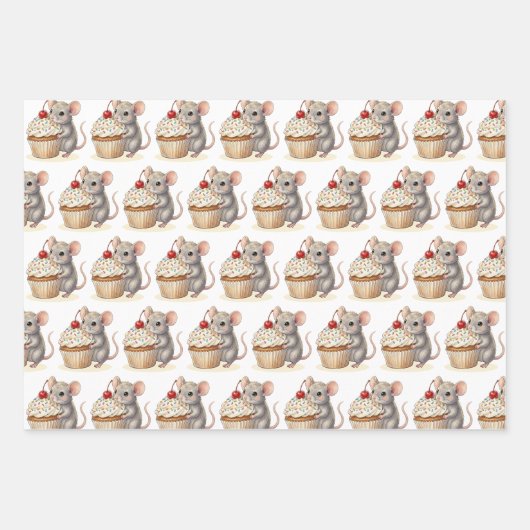 Cute Mouse, Cupcakes and Sprinkles Birthday Inpakpapier Vel (Voorkant)