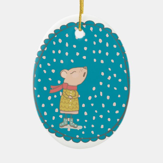 Cute Mouse die kerstmanolen zingt in blauw Keramisch Ornament (Voorkant)