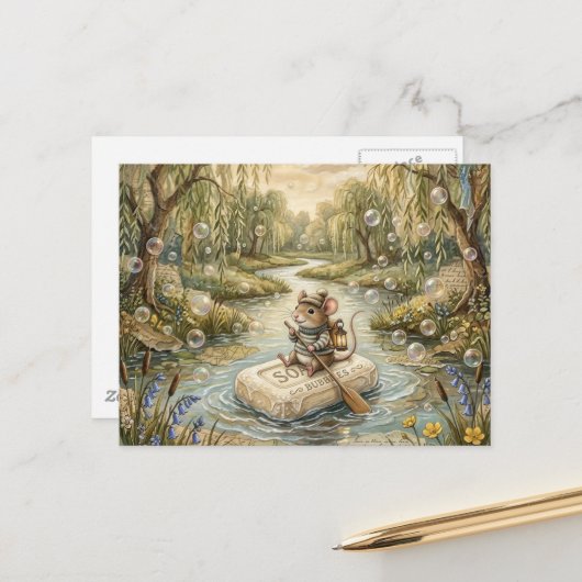 Cute Mouse Floating Down River on Soap Briefkaart (Voorkant / Achterkant in situ)