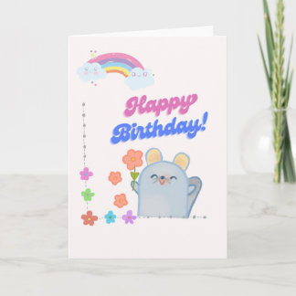 Cute Mouse Holding Flower Happy Birthday Card - Ka Kaart