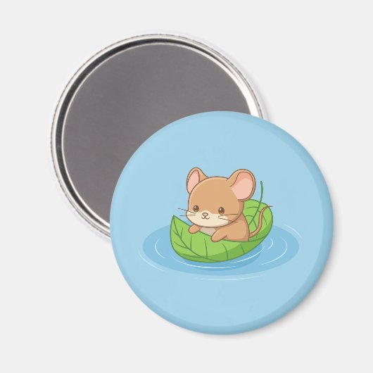 Cute Mouse in a Leaf Boat Blue Magneet (Voorkant / Achterkant)