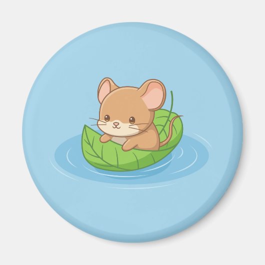 Cute Mouse in a Leaf Boat Blue Magneet (Voorkant)
